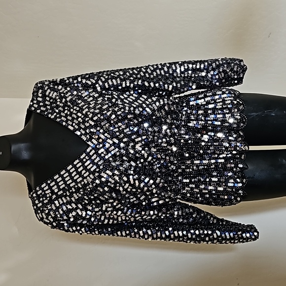 NWT Prima blue Black Silver Sparkle Sequined Peplom Vneck Shirt Blouse Top XXL - Picture 1 of 10
